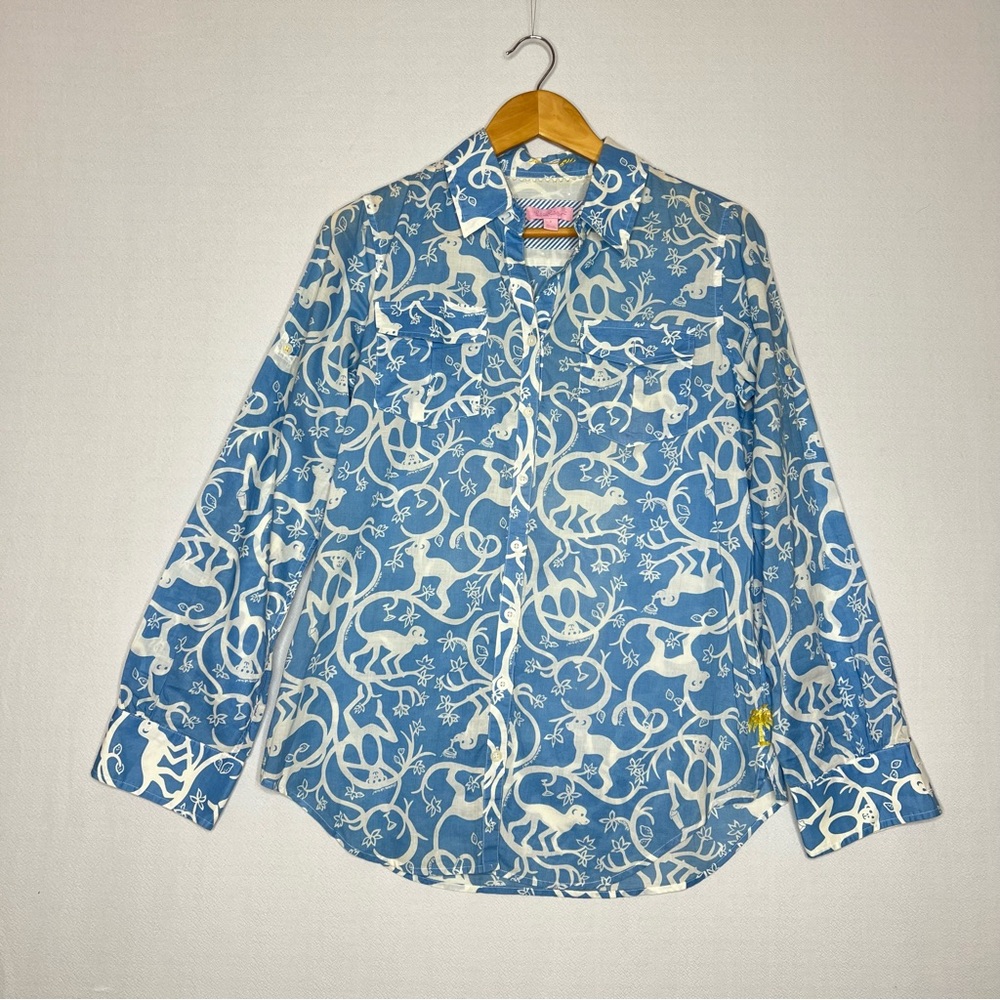 Lilly Pulitzer Resort Fit Monkey Floral Blue Button Up Women’s Shirt Size S